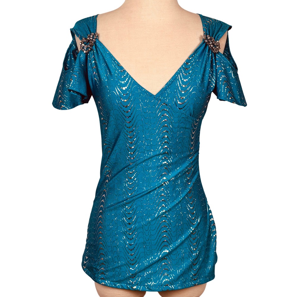 Y2K Teal Metallic‎ Cold Shoulder Top Ruched Rhinestone Party Clubwear Stretch XS